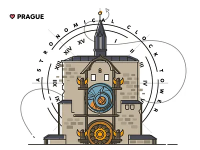 Prague - Astronomical Clock Tower czech flat graphic design illustration magnet prague souvenir tower