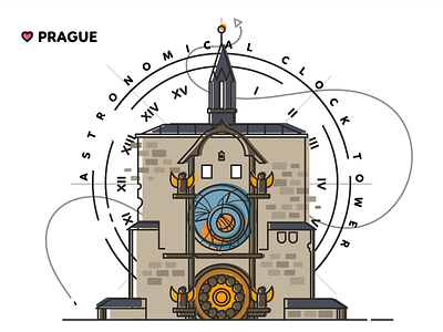 Prague - Astronomical Clock Tower czech flat graphic design illustration magnet prague souvenir tower