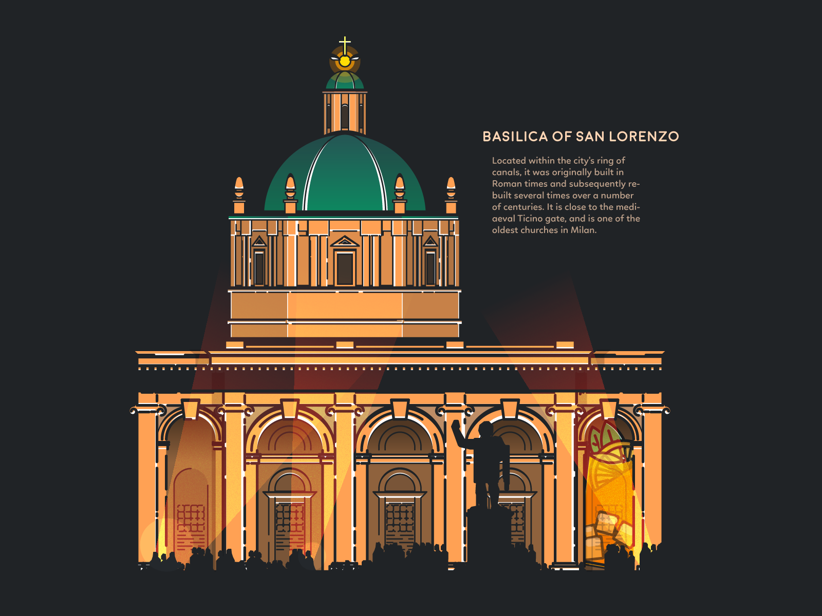 Milan - Basilica of San Lorenzo architecture cathedral church flat graphic design illustration long island night souvenir