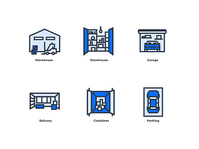 Self storage icons balcony blue car house icons icons design iconset illustraion rent room self storage storage vector