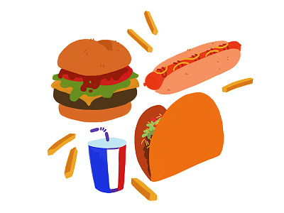 Foodz art burger digital drawing food fries hot dog illustration junk painting soda taco
