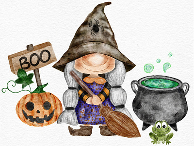 Potions cute frog halloween illustration october watercolor witch