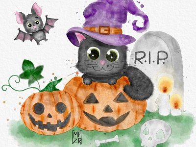 kitten on halloween black cat cat cute halloween illustration october watercolor