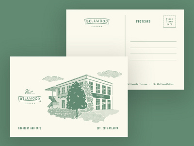 Bellwood Coffee Postcard Design branding building illustration coffeeshop green illustration postcard postcard design texture vintage