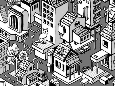 Where is my cat? architecture building car cat city drawing house ink isometric tree wacom