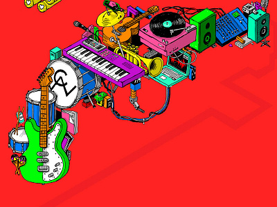 Musical Weapon - 3 color computer digital drawing funky guitar instrument isometric music speaker wacom