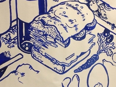 Subs Painting Progress blue egg food italian mural painting restaurant sandwich sub tomato wine yum