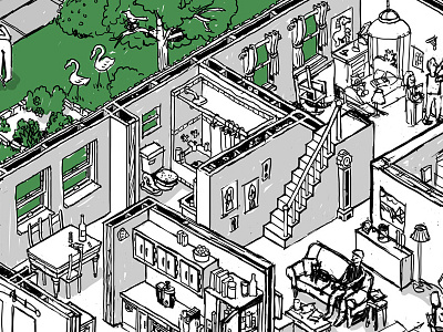 isometric house - progress 1 appliances architecture cut away digital drawing flamingos home illustration pen progress wacom yard