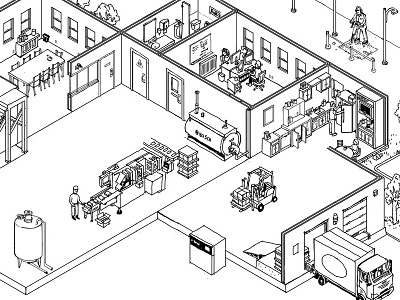 factory cross-section building diagram digital drawing illustration isometric machine people truck work