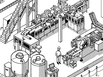 factory cross-section progress 3 building diagram digital drawing illustration isometric machine people production tank work