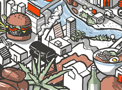 Foods scene mural - crop 1 Smoker architecture building design digital drawing illustration isometric line machine mural