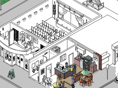 isometric street - theatre building cafe color digital drawing food home illustration isometric people show theatre