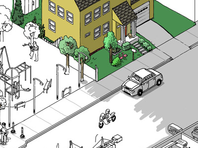 isometric street - house progress building car color digital drawing garage home illustration isometric people