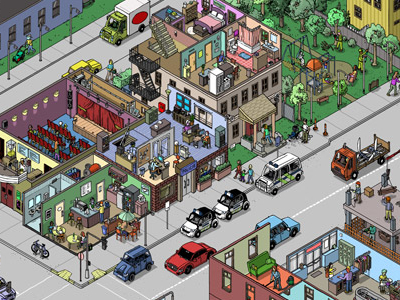 Boschville game illustrations - Street building car city color digital drawing garage home illustration isometric people street