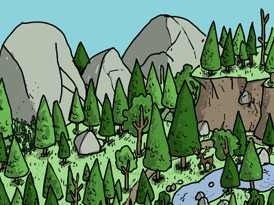 Forest 2 color deer digital drawing forest illustration isometric rock tree woods