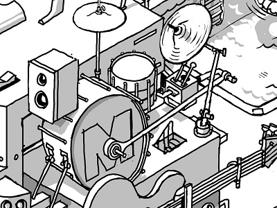 music machine progress 1 digital drawing drums greyscale guitar illustration ink isometric line musi object wacom