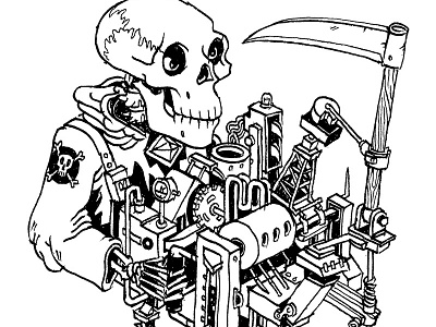 Modern Machine Grim Reaper black and white contraption death drawing ink isometric line machine pen scythe skeleton skull