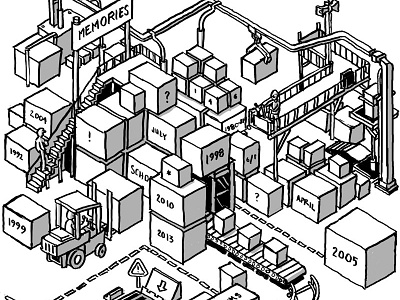 Memories black and white computer creative digital drawing illustration isometric line mind