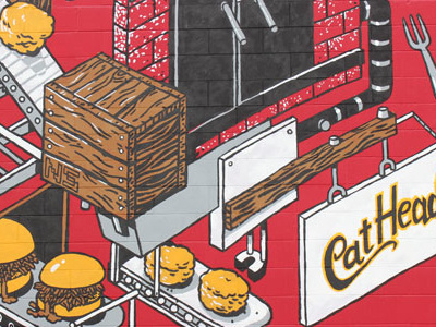 CatHead's BBQ Mural - crop2 art bbq cat color illustration isometric machine mural painting pork san francisco sf