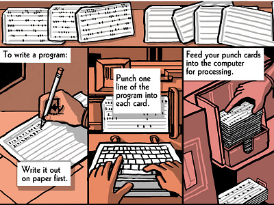 Grumpy Programmer 3 - punch cards card comic computer drawing illustration instructional isometric machine programmer technology