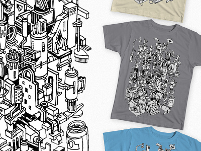 Machine t-shirt black and white drawing illustration ink isometric machine rube goldberg