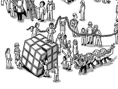 Teambuilding Wimmelbilder - progress 1 cartoon dragon drawing family find illustration isometric line people rubix cube seek wimmelbild