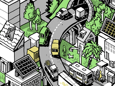 Oakland infrastructure painting - progress 2 bus car city drawing green illustration isometric oakland road wacom