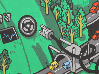 Green Global Energy Mural -crop2 car computer energy green illustration isometric landscape mural painting solar traffic