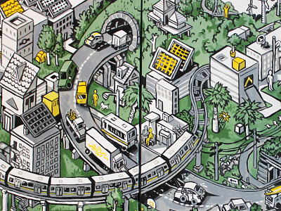 Green Oakland Painting - Crop 1 aerial bart building car city illustration isometric oakland painting transportation