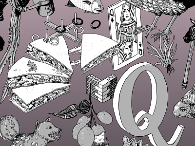Alphabet Compendium - Q 1 alphabet book drawing educational illustration isometric letter q quarter queen quesadilla