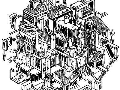 Dream house Sticker architecture black and white building drawing illustration isometric line sticker