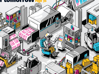 Printweek cover art book complex cover drawing editorial illustration isometric machine magazine paper print