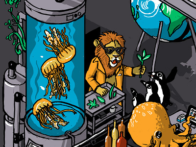 Nightlife - jellyfish tank progress 3 animals aquarium drawing illustration isometric lion night party penguin