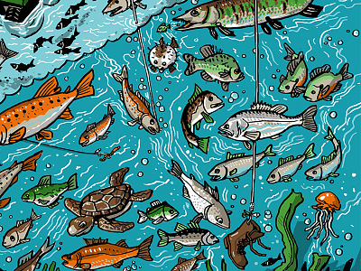 Fishing poster - crop 3 aqua art drawing fish illustration seaweed underwater