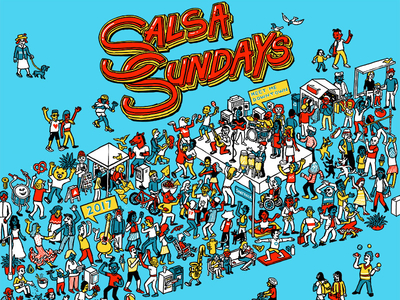 Salsa Sundays dance drawing handmade illustration isometric people seek and find street text