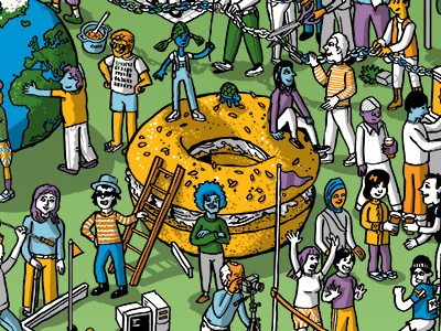 Giving Poster - progress crop 3 bagel drawing illustration isometric people seek and find tech world