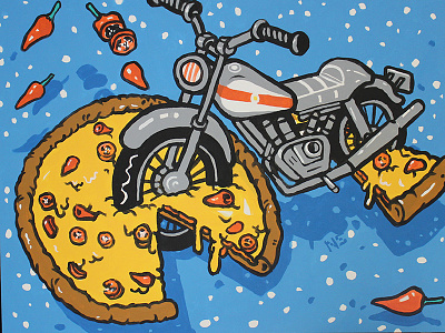 Pizza Bike Painting 2 acrylic chilis isometric motorcycle painting pizza