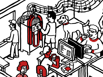 Holiday Office - crop 1 computer drawing illustration isometric jukebox people seek and find tech wimmelbilder