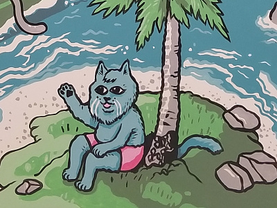 Robinhood Cats Mural Orlando - Desert Island Cat castaway cat florida illustration painting tree wave