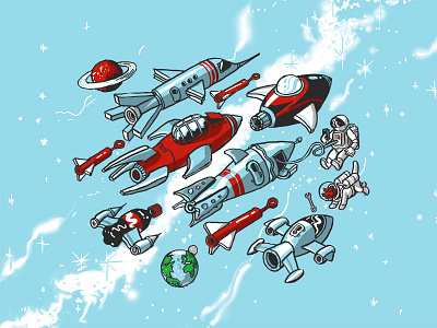 Rocket Mural Illustration astronaut digital drawing earth illustration isometric redtail retro rocket space