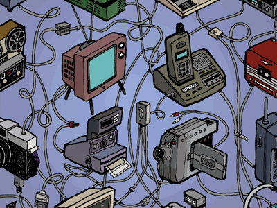 Golden Age of Technology appliances cords illustration illustrator ink phone tv video