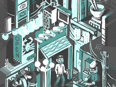 Dark City Mural Sketch 2 building city color digital drawing illustration isometric japan people restaurant wacom