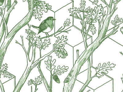 Tree Pattern bird drawing illustration isometric line art oak organic pattern tree