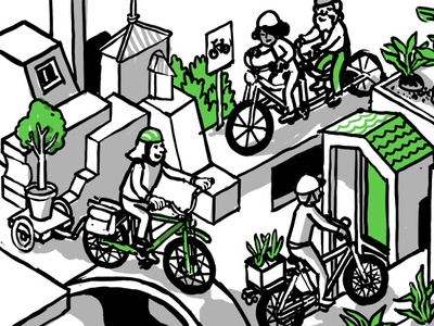 Bike Town bicycle bike digital drawing garden illustration isometric isometric illustration mural plants riding sketch tree
