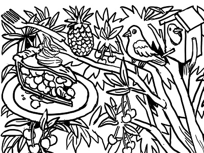 Cherry Tree Coloring Page - crop 1 art bird black and white cherry cherry pie digital drawing food fork fruit illustration isometric line linework pie tree