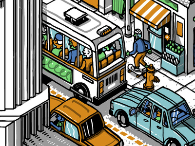 Street scene - crop 1 architecture building bus color digital drawing illustration isometric line people street urban wacom