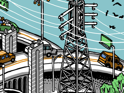 Powerlines car digital drawing electric hand drawn illustration isometric losangeles overpass pattern urban