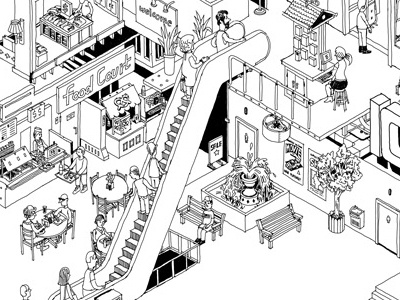 isometric mall - line drawing commercial digital ink isometric mall pen people sale store