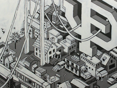 San Francisco Mural bridge buildings car city computer isometric phone say sf