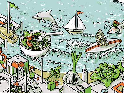 Salad @ the Beach architecture building digital drawing illustration isometric line mural people wacom